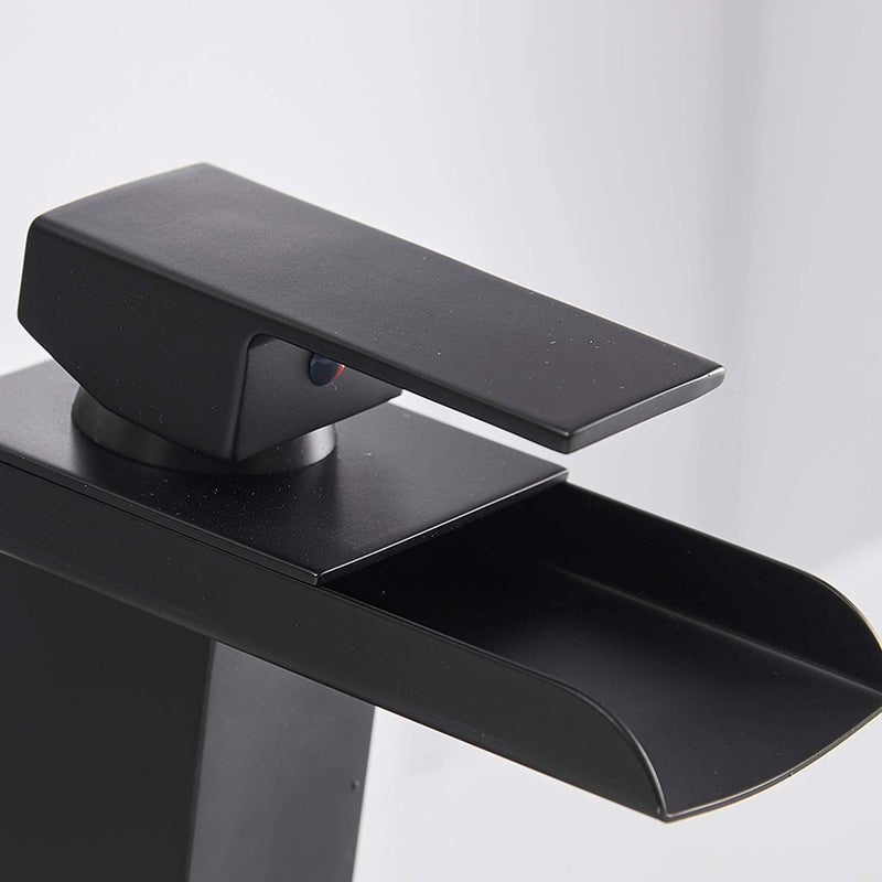 Homevacious Black Bathroom Faucet Waterfall Single Hole Bathroom Faucet with Pop Up Drain Assembly and Deck Plate Modern Single Handle Vanity Faucets Basin Lavatory RV Mixer Tap Commercial - Image 4